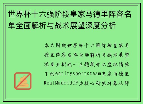 世界杯十六强阶段皇家马德里阵容名单全面解析与战术展望深度分析